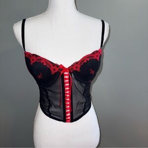 Delicates 36B Black Lace & Red Trim Longline Bra Sheer Mesh Boned Bustier